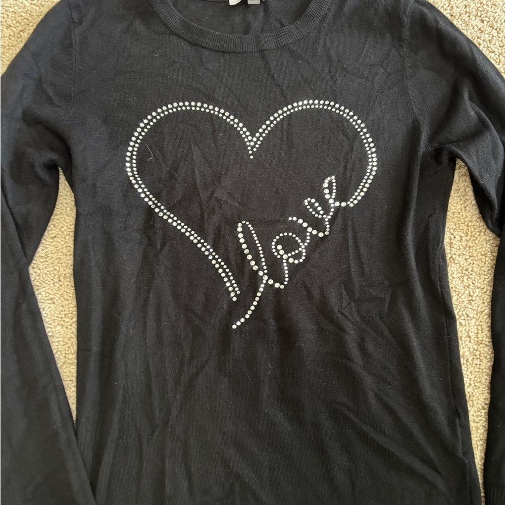 VALENTINES DAY- Black Long Sleeve Sweater with Rhinestone Heart Design